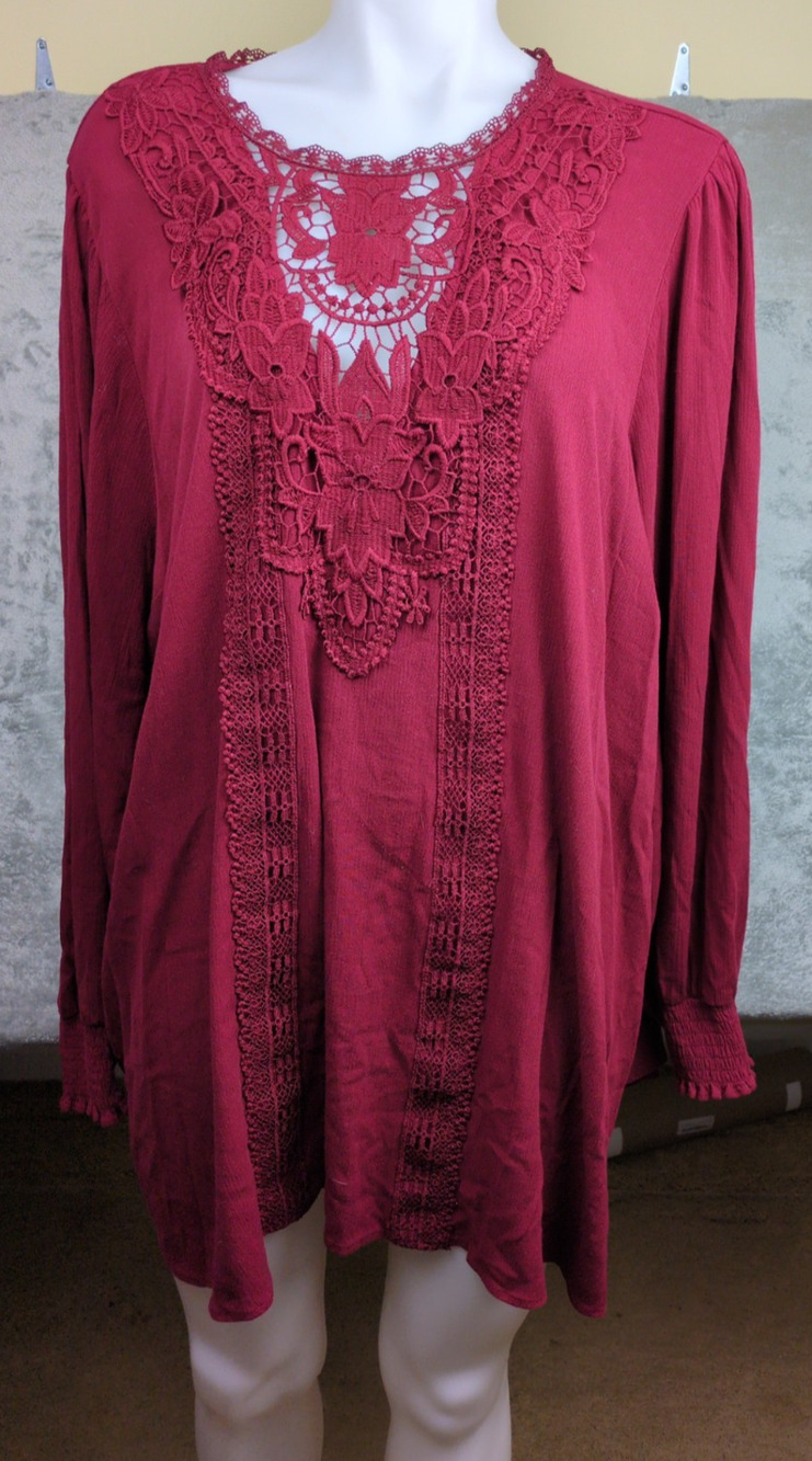 Torrid Womens Burgundy Long Sleeve Lace Crochet Boho Tunic Top Plus Size 5 (5X)